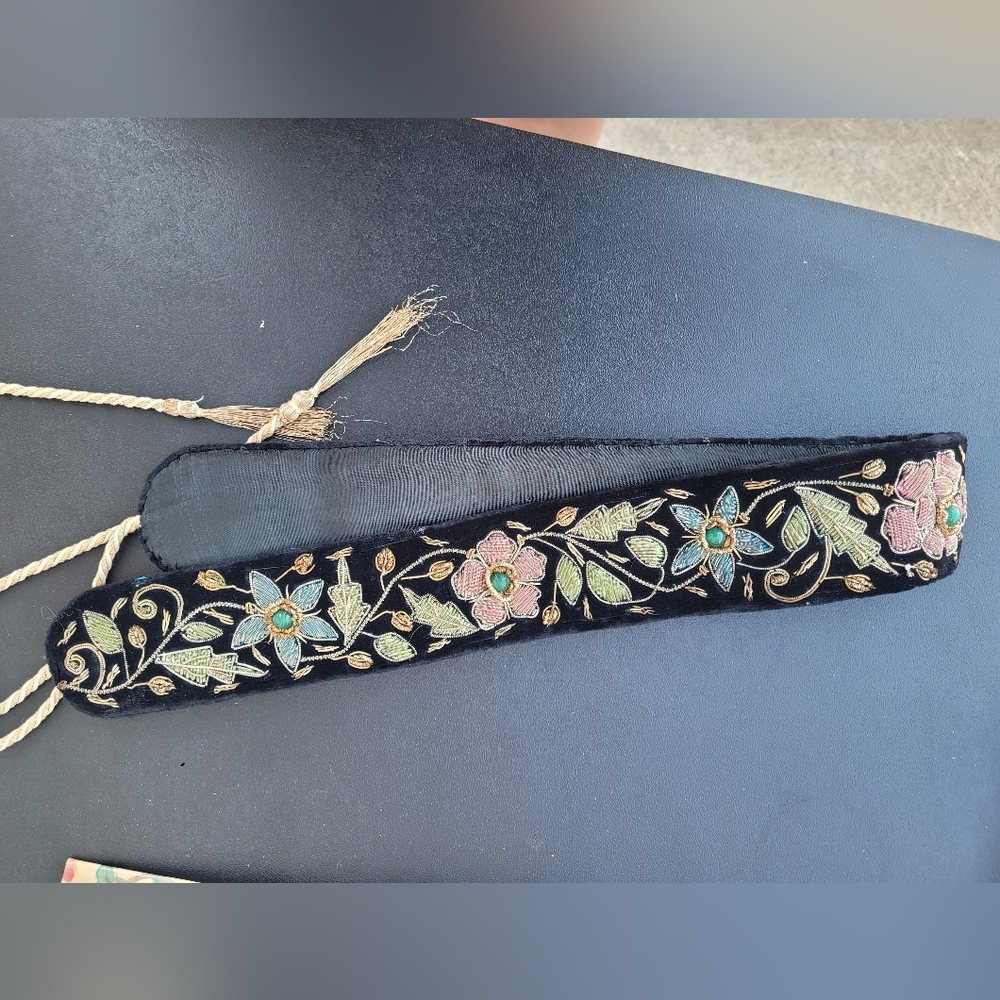 Vintage Zardozi Belt/Sash Floral Design With Semi Precious Stones Black Velvet